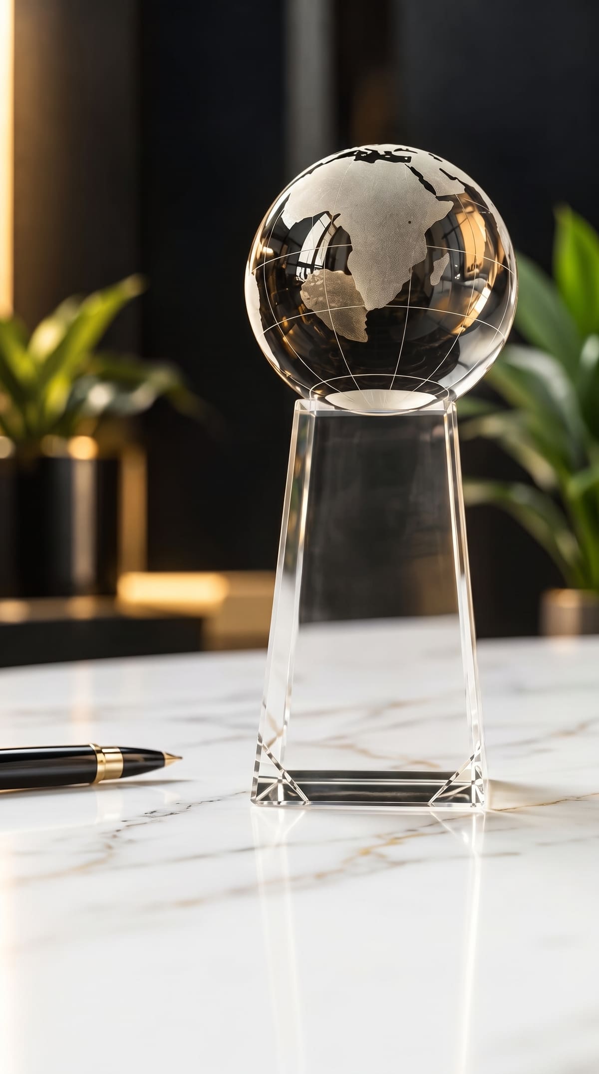 Etched crystal globe on a tapered clear pedestal beside a black and gold pen