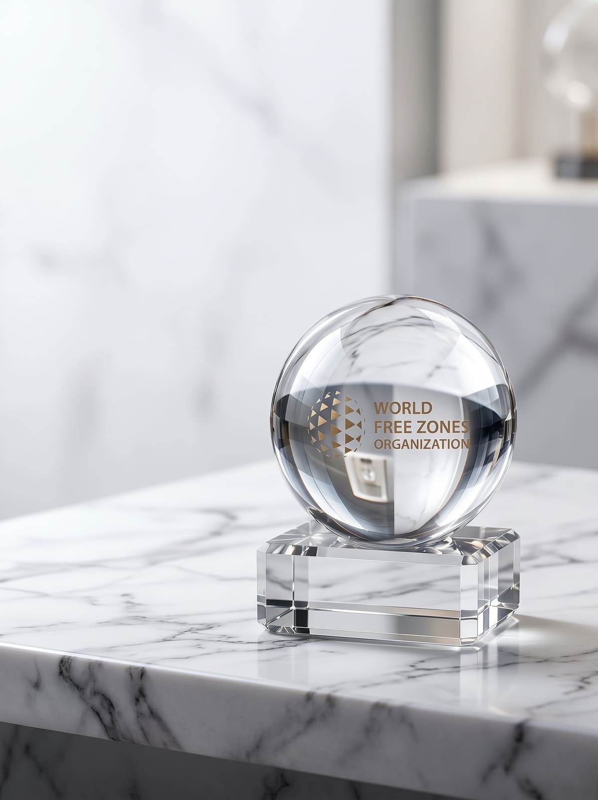 Crystal sphere award on a clear base, engraved with a gold logo, on a marble surface