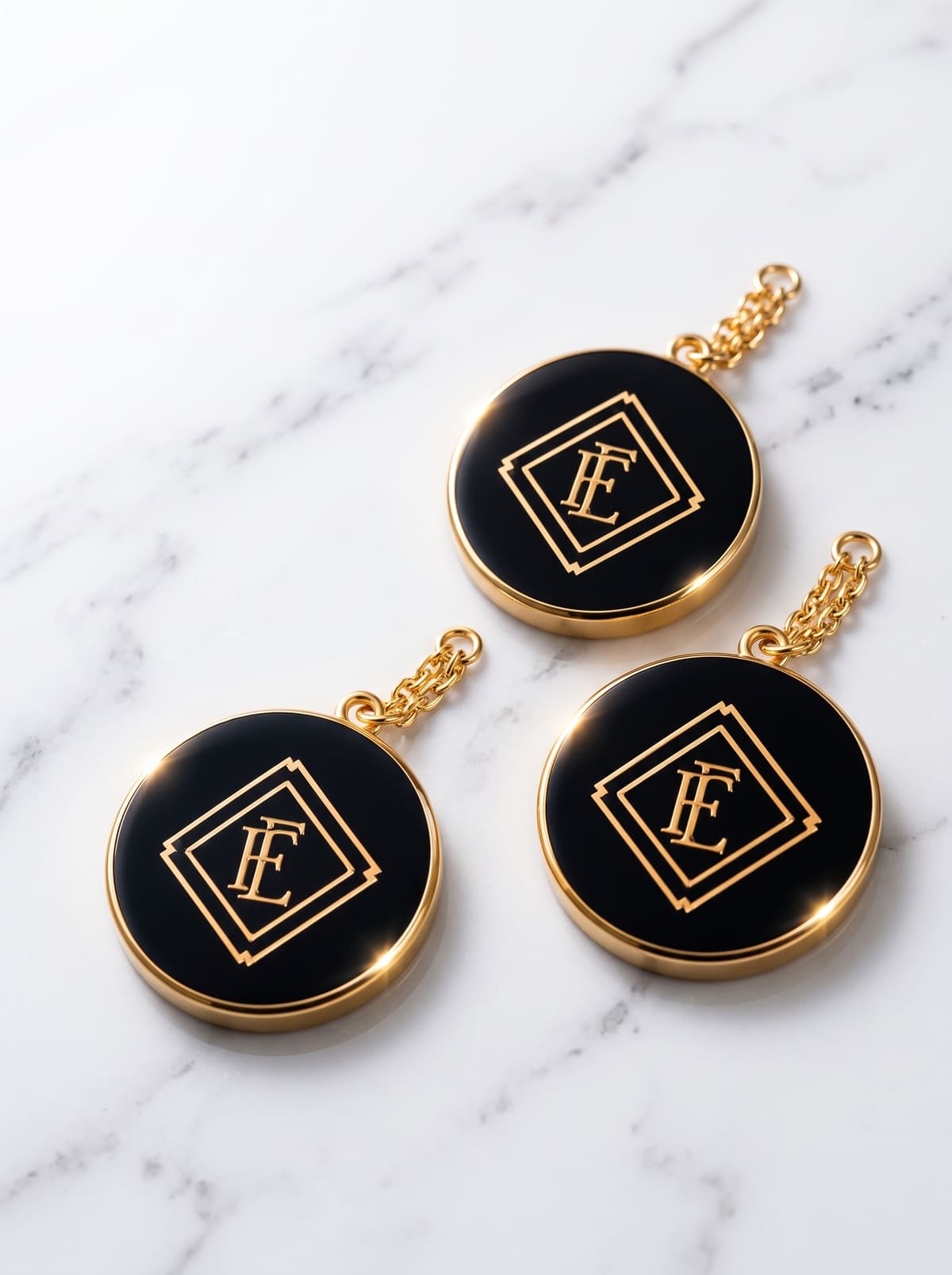 Three round black enamel keychains with gold rims, chains and a gold monogram
