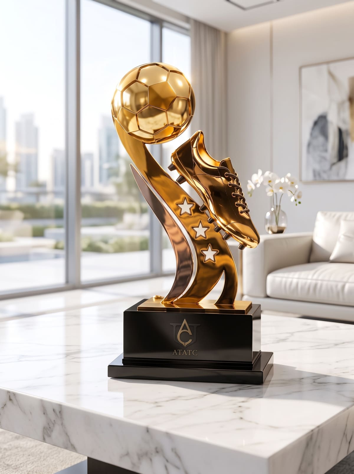 Gold football trophy with a ball and boot on a black base engraved with the AC monogram