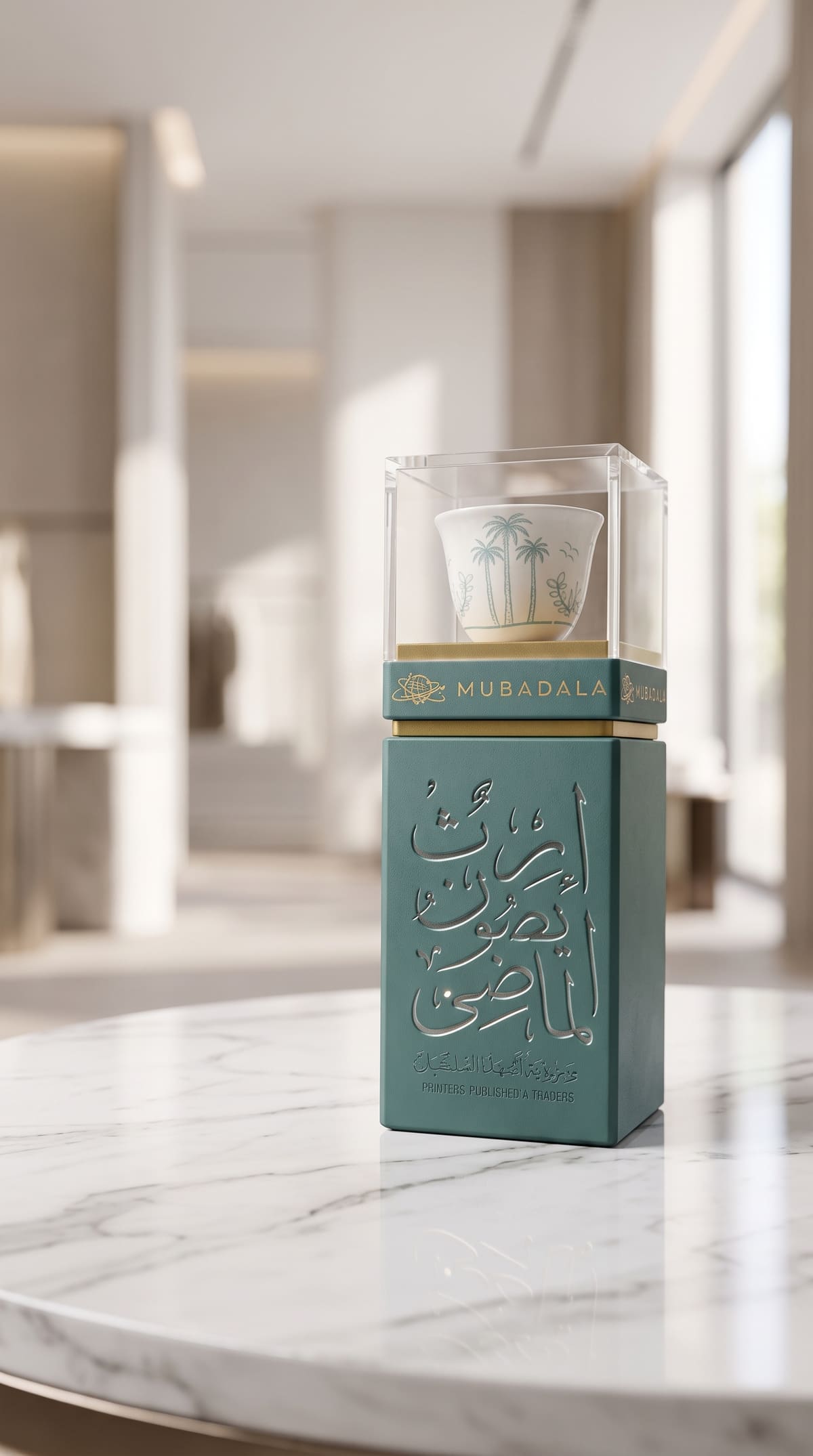 Teal leather presentation box with debossed Arabic calligraphy and gold foil, holding a porcelain cup in a clear acrylic case